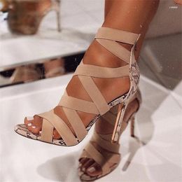 Sandals 2023 Women Sandalas Mujer Women's Ladies Pumps Fashion Bandage Patchwork Mixed Colors Snake High Heels Casual Shoe 43