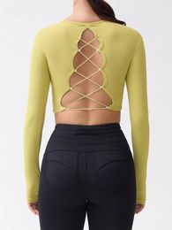 Active Shirts Sexy Back Hollow Cross Bandage Sports Slim Tee Tops Gym Female Long Sleeve Fitness Yoga Training Undershirt With Pad
