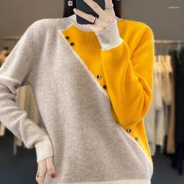 Women's Sweaters Pure Wool Ladies O-neck Pullover 2023 Autumn And Winter Thick Colour Matching Knit Top Casual Loose Coat