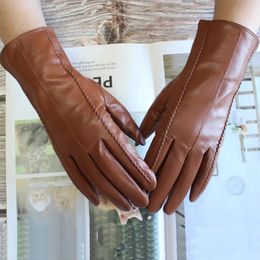 Five Fingers Gloves Women Colour Leather Gloves Striped Style Velvet Lining Autumn And Winter Warm High Quality Sheepskin Gloves 231030