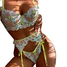 New European and American two-color embroidery three-point sexy underwear three-piece suit women sexy lingerie set