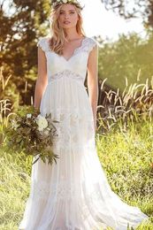 Bohemian Dress Waist Lace Appliques Empire V-Neck Wedding A Line Country Bridal Gowns Floor Length Plus Size Beach Tulle Mariage Dresses es