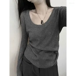 Women's T Shirts Autumn Grey U-Neck Low Neck Knitted Bottom Shirt Advanced Feeling Pullover T-shirt Solid Color Top