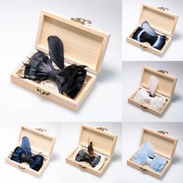Bow Ties Black blue solid feather bow tie handmade men's bow tie brooch Wooden box sets wedding party gift JEMYGINS design 231031