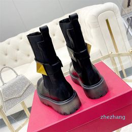 Black chunky platform Motorcycle Half Boots Elastic band calfskin tire low heel mid-calf boots heavy duty luxury designer brands for women factory footwea Size 35-4