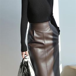 Nerazzurri Spring midi leather skirt women Brown white black long high waisted pencil skirts for women side slit zipper 7xl 210724222F