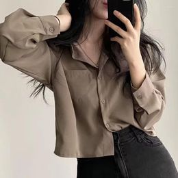 Women's Blouses Shirts Women Korean Style Vintage Fashion Turn-down Collar All-match Design Single Breasted Crop Top BF Ladies Harajuku