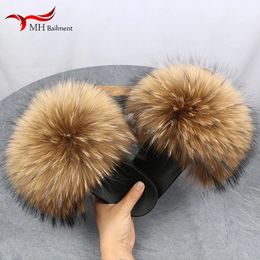 Slippers Real Raccoon Fur Slippers For Women Summer Fluffy Indoor House Fuzzy Flat Slides Outdoor Fashion Beach Sandals Flip Flops 231031