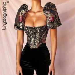Cryptographic Square Collar Jacquard Boned Bustier Crop Tops Shirt Puff Sleeve Sexy Backless Shirts Blouse Women Zipper Elegant 20252d