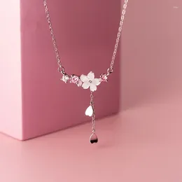 Pendants Real 925 Sterling Silver Cherry Flower Shell Long Tassel Necklace For Women Sweet Heart Pendant Clavicle Chain