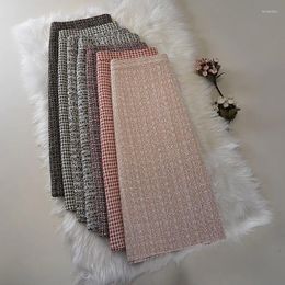 Skirts 2023 Women Autumn Winter Fashion High Waist Plaid Female Split A-line Ladies Long Slim Woollen U449