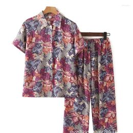 Women's Two Piece Pants Fdfklak Middle-Aged Mother Summer Two-Piece Set Loose Grandma Ice Silk Shirt Cropped Pant Suit Short-Sleeved