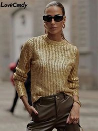 Women's Sweaters Fashion Gold O Neck Sweaters for Women Autumn Winter Causal Long Sleeve Knit Pullover Elegant Office Ladies Loose Jumpers 231031
