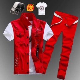 Men's Vests 2pcs Set Mens Boys Casual Denim Vest Sleeveless Waistcoat +Jeans Pants Trousers for Summer Autumn Spring Free Send Tshirt Belt YQ231031