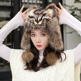 Women's Real Natural Brown Raccoon Fur Hat Russian Hat Trapper Hunter Hat Winter Warm Cat Ear Cap Earflap