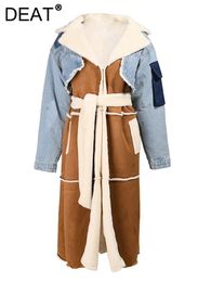 Kvinnors ullblandningar DEAT Winter Women's Jackets Turn-Down Collar Temperament Patchwork denim Långärmad överrock Woolen Coat Kvinna 7C222 231030