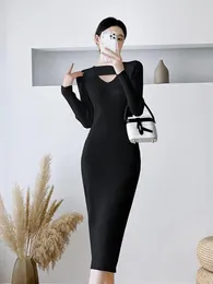Casual Dresses Vintage Black Knit O-neck Hollow Out Dress Women Long Sleeve Elegant Party Office Lady Slim White Sweater Korean Autumn
