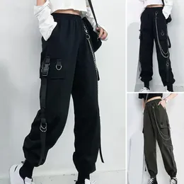 Women's Pants Women Cargo Chain Decor Multi Pockets High Elastic Waist Solid Color Straight Ankle-banded Hip Hop Long Trousers