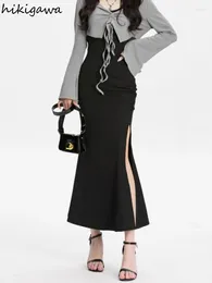 Work Dresses Fashion Two Piece Sets Women Clothing Flare Sleeve Drawstring Crop Tops Tunic Split Bodycon Maxi Dress Outfits Korean Y2k Suit