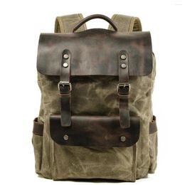 Backpack Outdoor Laptop Student Waterproof Bag Cotton Waxed Canvas With Top Layer Crazy Horse Leather