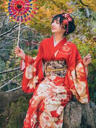 Ethnic Clothing Women's Traditional Kimono Red Colour Floral Prints Japan Style Summer Yukata Bathrobe Cosplay Wear Pography