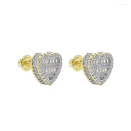 Stud Earrings Iced Out Round Heart Shaped Bling CZ Earring Gold Colour Full Cubic Zircon Screw Back Hip Hop Jewellery For Women