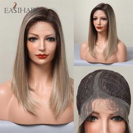 Synthetic Wigs Easihair Lace Front Wig Ombre Blonde Synthetic Side Part Frontal Natural Hair for Women Straigth Heat Resistant 230227