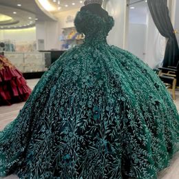 Emerald Green Quinceanera Sweet 16 Dresses Lace Applique Beads Off Shoulder Lace-up Prom Ball Gowns Graduation 15th