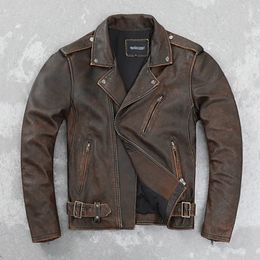 Мужское кожаное пальто из искусственной яловой кожи в стиле ретро, рваная мотоциклетная одежда для велоспорта, модная молодежная куртка на весну и осень 231031