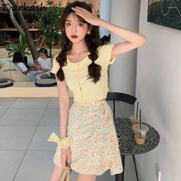 Work Dresses Women Crop Tops Short Sleeve Cardigans And Mini Floral Printed Skirts Sets Elegant Sweet Simple Summer Fashion 2023 2Pcs Set