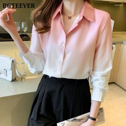 Women's Blouses BGTEEVER Fashion Stylish Turn-down Collar Ladies Gradient Tops Long Sleeve Single-breasted Loose Female Chiffon Shirts