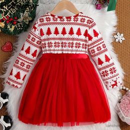 Girl's Dresses 4-7Y Kids Christmas Dresses For Girls Xmas Tree Printing Bow Mesh Party Dress New Year Children Costume R231031