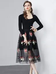 Work Dresses Women Two Piece Sets Autumn Elegant Long Sleeve Black Knit Pullover Exquisite Embroidery Mesh Midi Skirt Suits