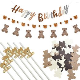 Party Decoration 1Set 2.5M Cute Bear Banner Carton Drinking Straws Confetti For Kids Themed Birthday DIY Supply