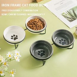 Dog Bowls Feeders Ceramic cat bowl combination double bowl high foot oblique mouth neck protection drinking water dog basin cat rice bowl 231031