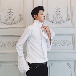white black stand ruffled collar flare sleeve prince stage mens tuxedo shirts party event shirts Asia size2919