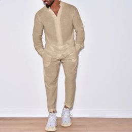 Men's Tracksuits Spring Fall Mens Suits Casual Cotton Linen Loose Solid Color Two Piece Set Leisure Loose V Neck Shirt And Pants Outfits Men 231030