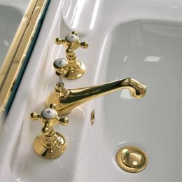 Bathroom Sink Faucets Gold American Style Basin Faucet 8 Inch Widespread Lavatory Mixer Tap Brass Three Hole Torneira Bica Alta