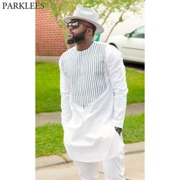 Mens Vertical Striped White African Dashiki Shirt 2018 Brand Slim Fit Round Collar Dress Shirts Men Long Sleeve African Clothing2016