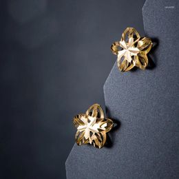 Stud Earrings Pure 18K Yellow Gold Women Hollow Flower P6257