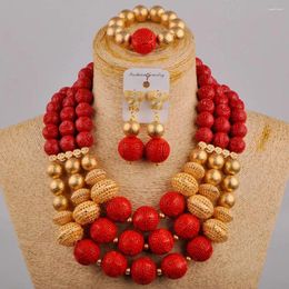 Necklace Earrings Set Nigeria Wedding Dress Accessories Red Coral Round Bead Bracelet African Bride Jewelry AU-532