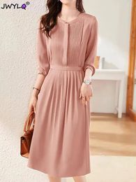 Casual Dresses Elegant O-neck Long Sleeve Folds Midi Simple Basic High Waist Bandage Women Dress Solid Color Office Clothes For