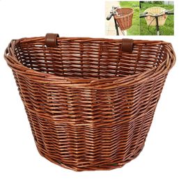 Panniers Bags Retro Rattan Bike Front Basket Bicycle Cycling Handlebar Cargo Storage Container Wicker Hand Woven Scooter Baggage Pannier Bag 231030