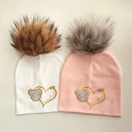 Hair Accessories Born Baby Hat Fashion Golden Silver Sweet Heart Ear Letter Toddlers Infant Fluff Pompom For Girls Boys Cap Kid