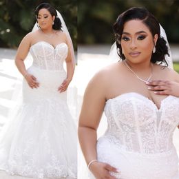 Plus Size Mermaid Wedding Dresses Appliqued Sweetheart Lace African Nigeria Bridal Gowns Elegant Sparkling Engagement Outfit