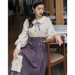 Work Dresses French Elegant Women 2 Pieces Sets Vintage Courtly Long Sleeve Lolita Shirts Y2K Slim Midi Skirts Ladies Aesthetic Outfits 2023