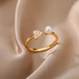 Cluster Rings Zircon Heart For Women Stainless Steel Gold Plated Imitation Pearl Open Finger Ring In Wedding Couple Jewerly Gift