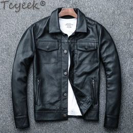 Men's Leather Faux Leather Tcyeek Men Leather Jacket 100% Genuine Real Cowhide Black Male Motorcycle Lapel Jackets Man's Coat Autumn Spring Clothes 231030