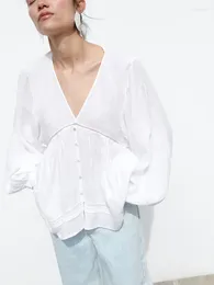 Women's Blouses Shirts & 2023 Fashion Lace Trim Casual Linen Blouse Women V Neck Front Button Asymmetric Hem White Shirt Long Sleeve Top