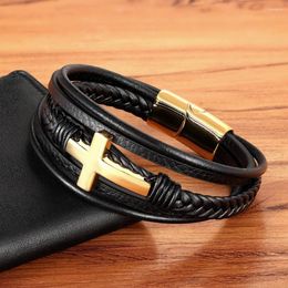 Charm Bracelets Classic Cross Multilayer Stainless Steel Leather Bracelet Magnetic Buckle For Friends Fashion Jewellery Gifts